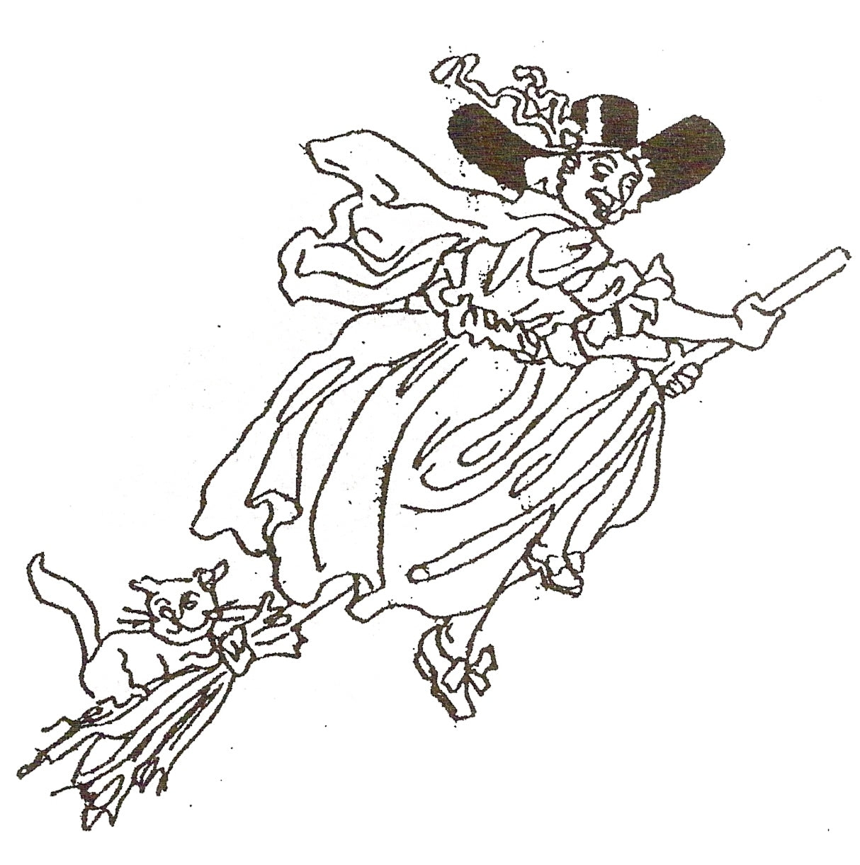 E 166   Witch riding a broomstick with cat